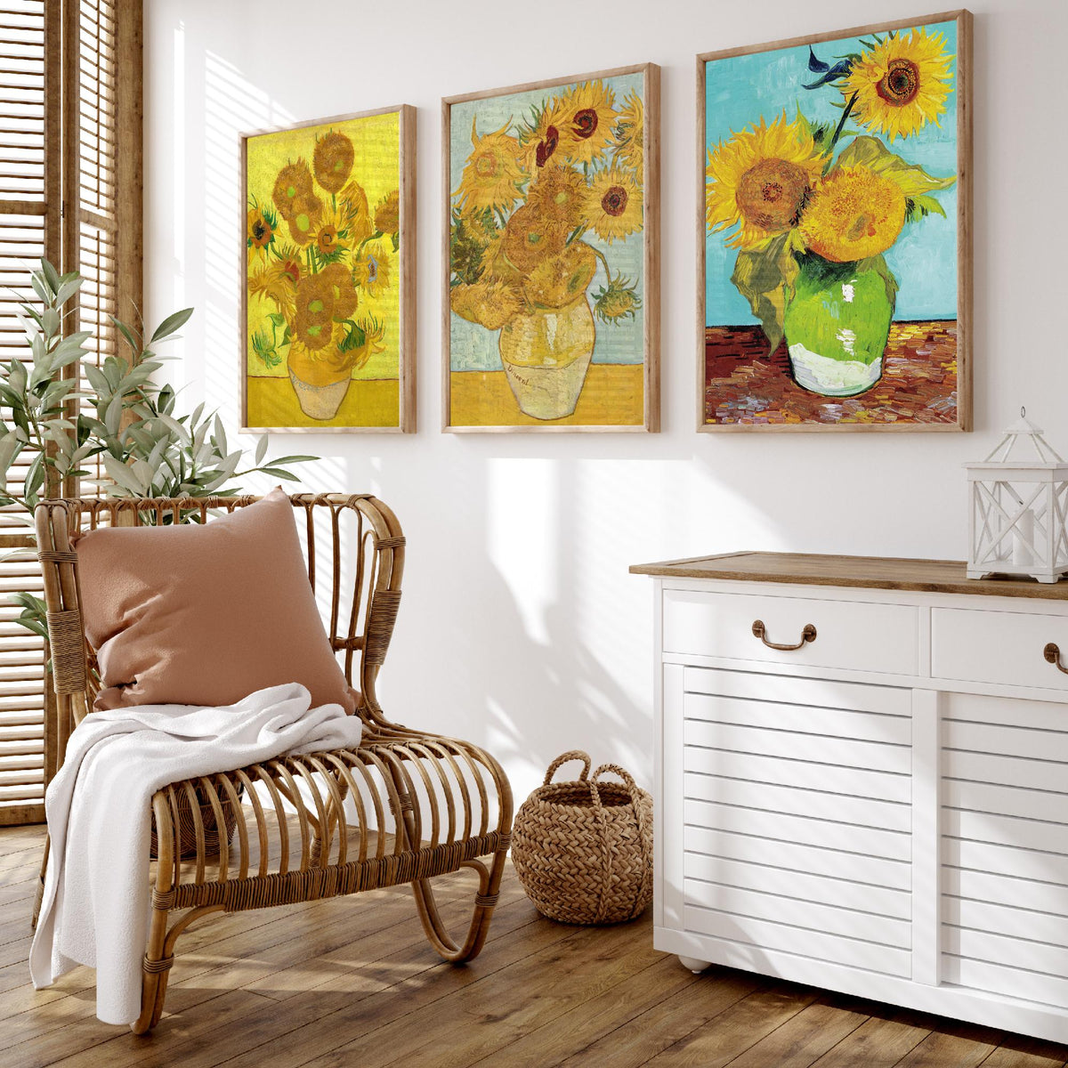 Van Gogh Sunflowers Set of Three Art Prints - Fifteen in a Clay Vase, Twelve on Blue, Three in a Green Jug - Still Life Painting Poster