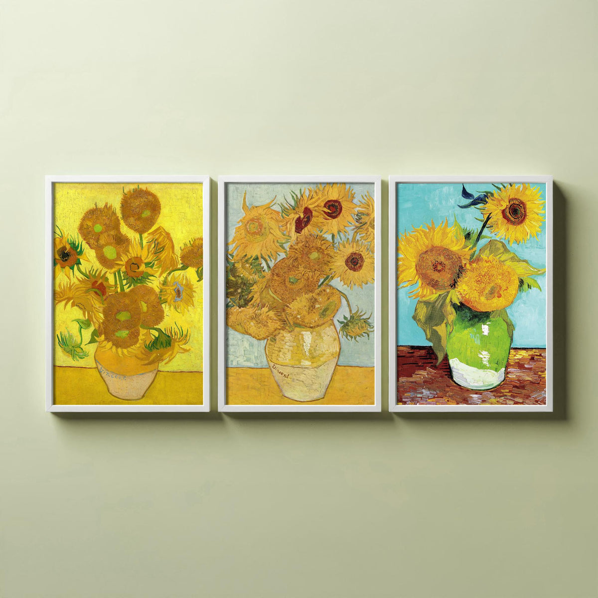 Van Gogh Sunflowers Set of Three Art Prints - Fifteen in a Clay Vase, Twelve on Blue, Three in a Green Jug - Still Life Painting Poster
