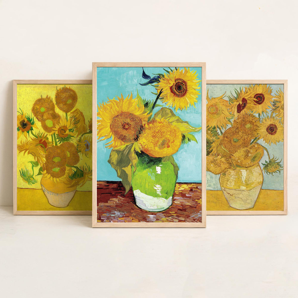 Van Gogh Sunflowers Set of Three Art Prints - Fifteen in a Clay Vase, Twelve on Blue, Three in a Green Jug - Still Life Painting Poster