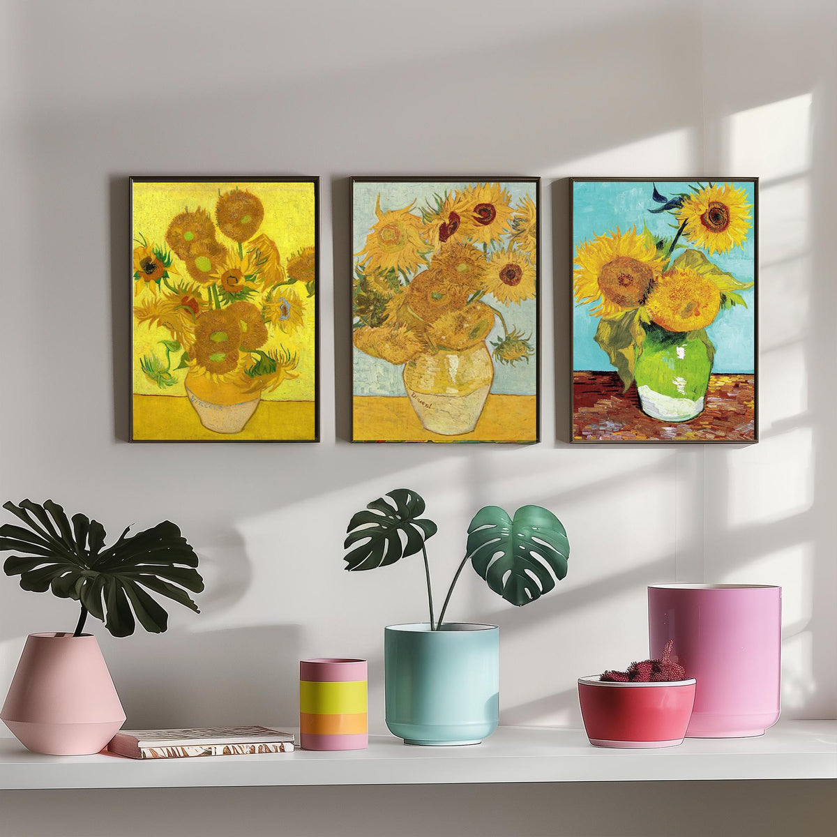 Van Gogh Sunflowers Set of Three Art Prints - Fifteen in a Clay Vase, Twelve on Blue, Three in a Green Jug - Still Life Painting Poster