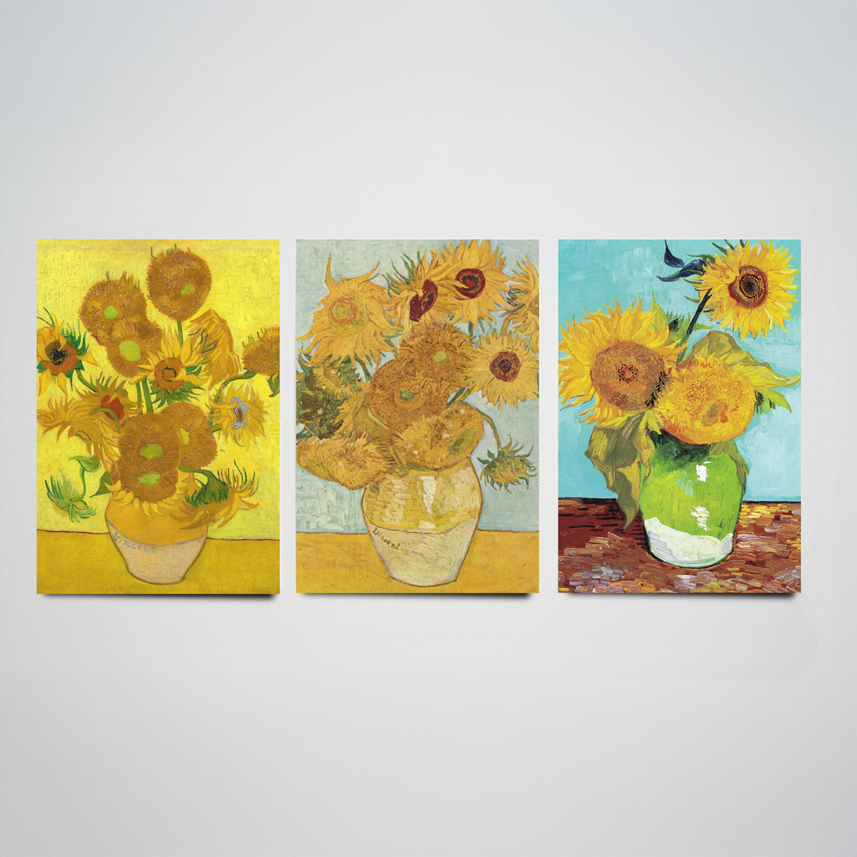 Van Gogh Sunflowers Set of Three Art Prints - Fifteen in a Clay Vase, Twelve on Blue, Three in a Green Jug - Still Life Painting Poster