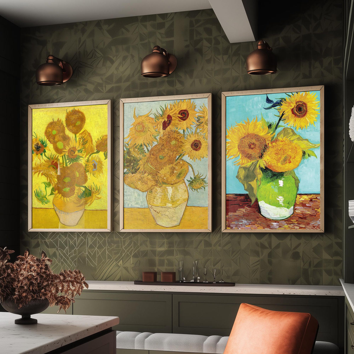 Van Gogh Sunflowers Set of Three Art Prints - Fifteen in a Clay Vase, Twelve on Blue, Three in a Green Jug - Still Life Painting Poster