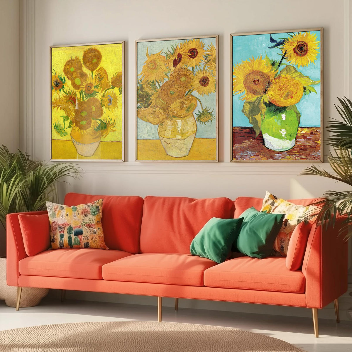 Van Gogh Sunflowers Set of Three Art Prints - Fifteen in a Clay Vase, Twelve on Blue, Three in a Green Jug - Still Life Painting Poster