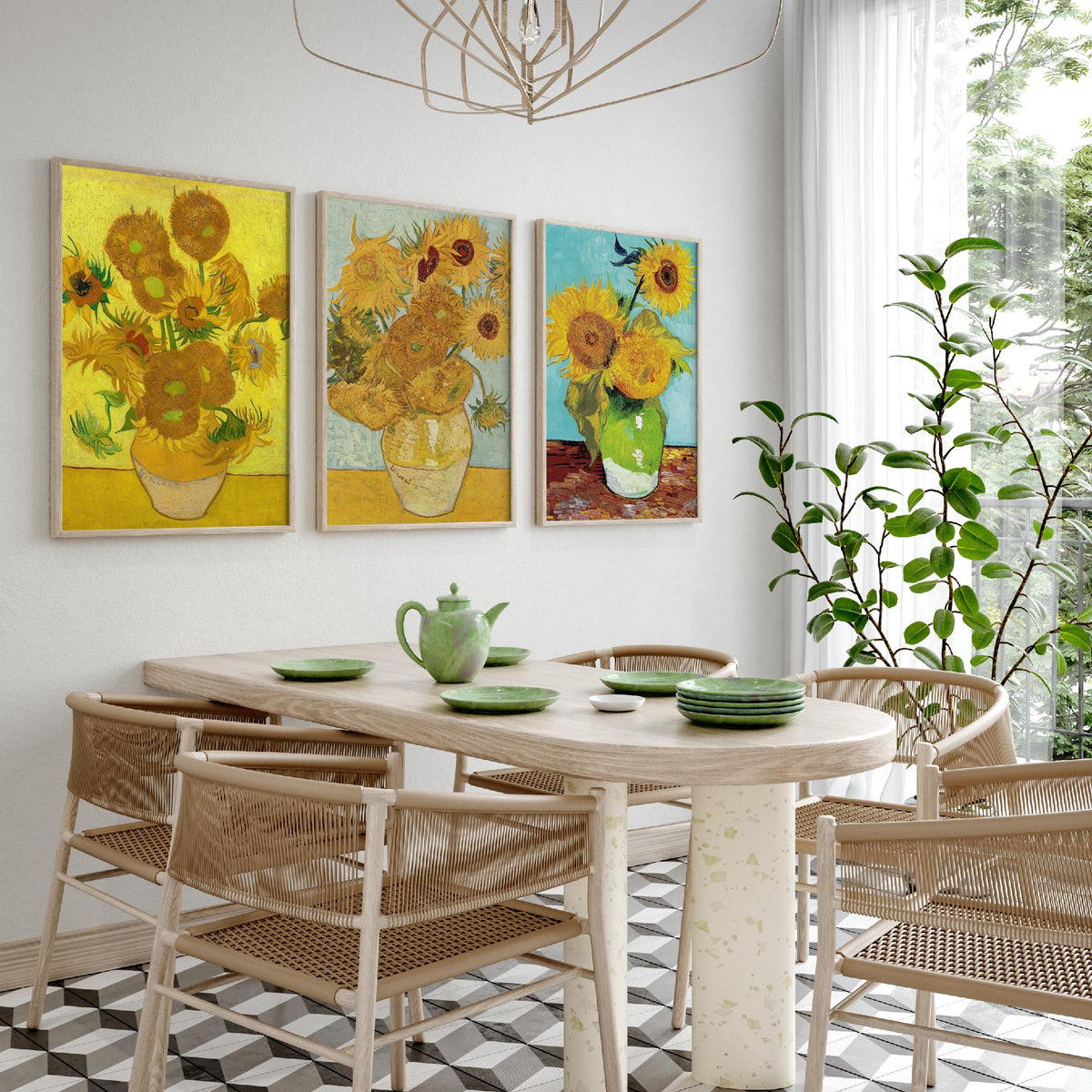 Van Gogh Sunflowers Set of Three Art Prints - Fifteen in a Clay Vase, Twelve on Blue, Three in a Green Jug - Still Life Painting Poster