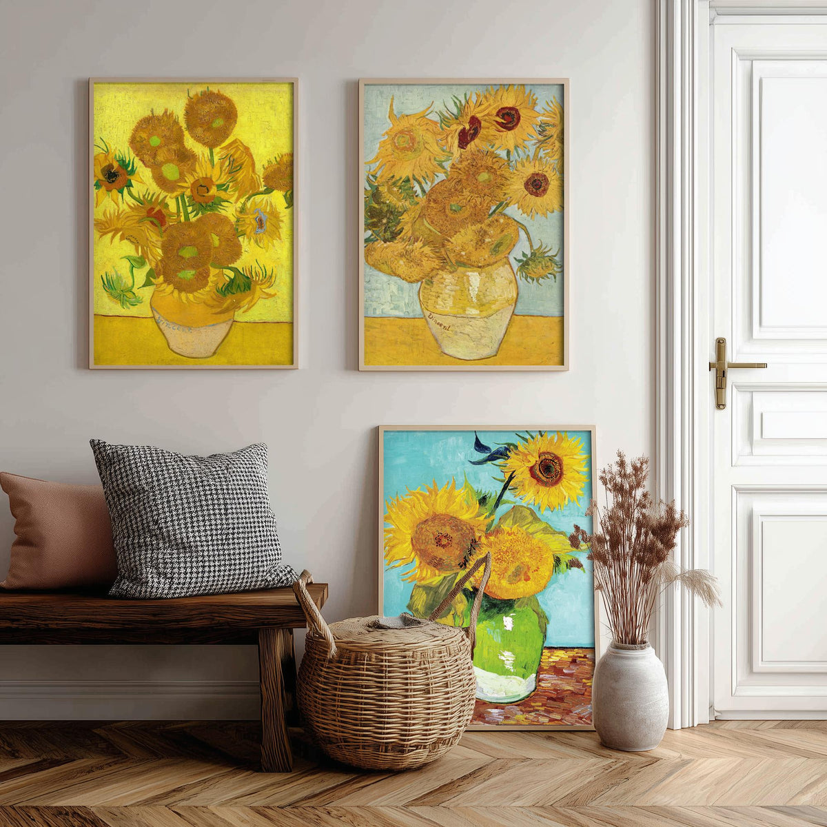 Van Gogh Sunflowers Set of Three Art Prints - Fifteen in a Clay Vase, Twelve on Blue, Three in a Green Jug - Still Life Painting Poster