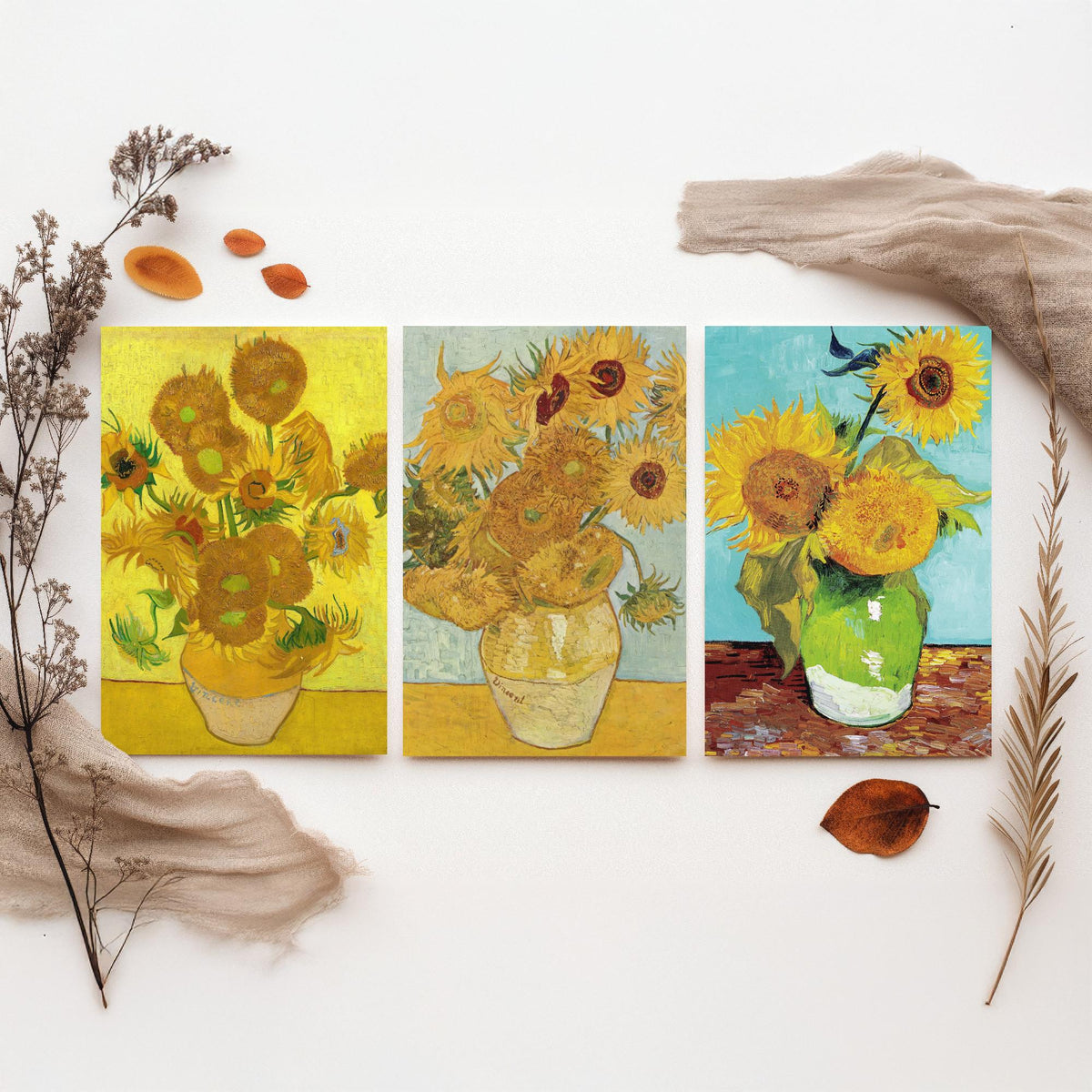 Van Gogh Sunflowers Set of Three Art Prints - Fifteen in a Clay Vase, Twelve on Blue, Three in a Green Jug - Still Life Painting Poster