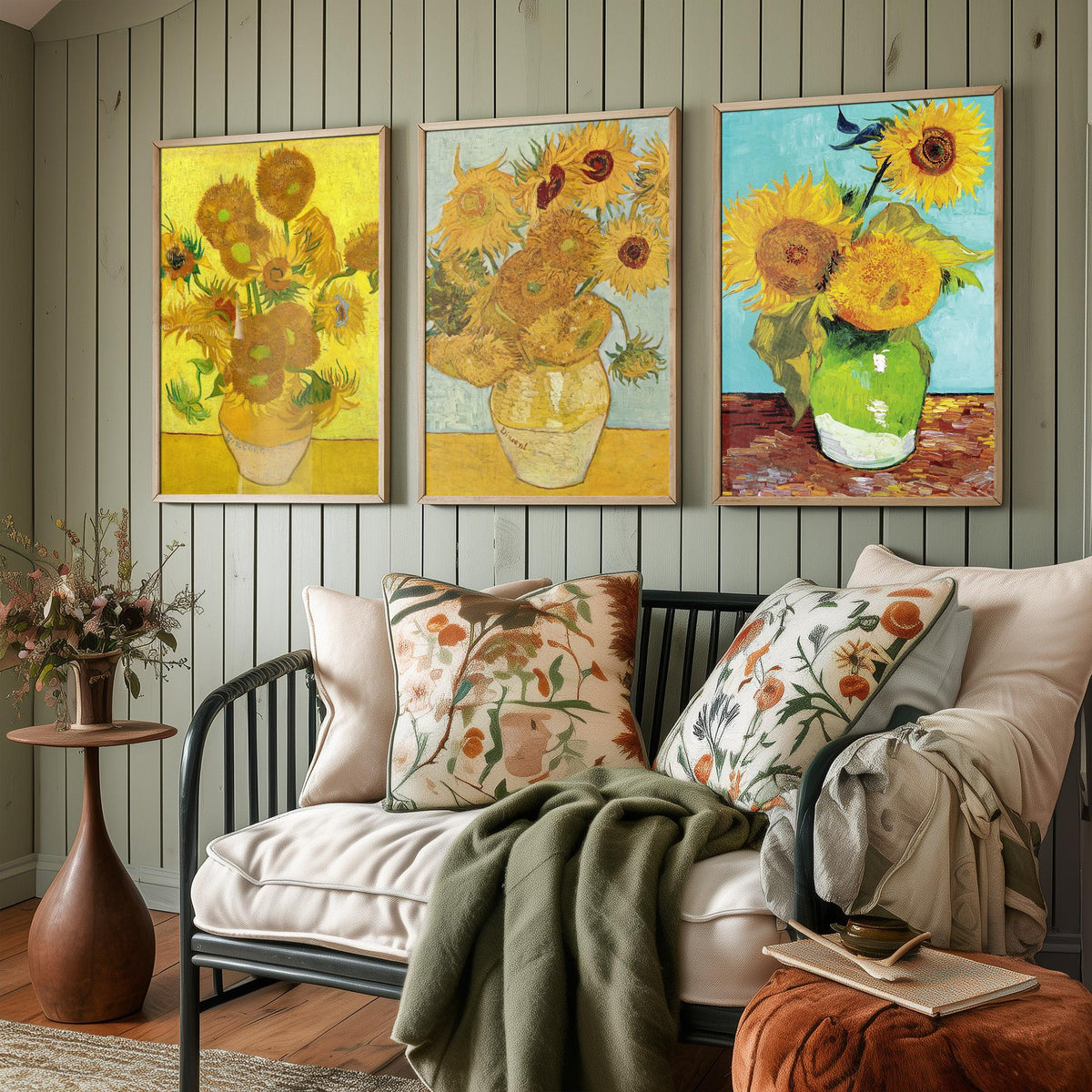 Van Gogh Sunflowers Set of Three Art Prints - Fifteen in a Clay Vase, Twelve on Blue, Three in a Green Jug - Still Life Painting Poster