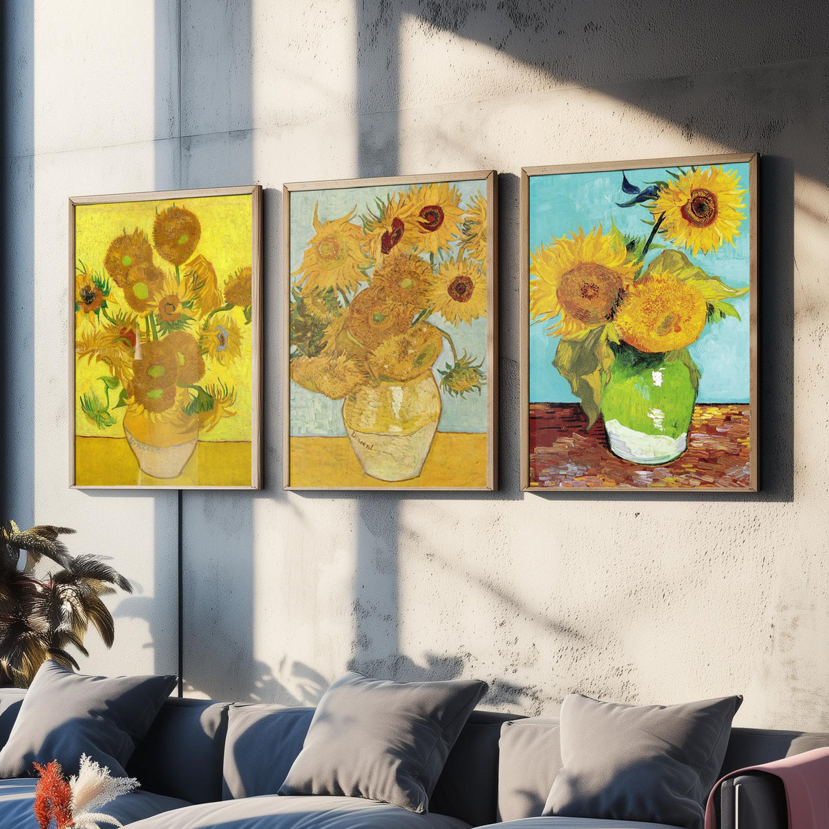 Van Gogh Sunflowers Set of Three Art Prints - Fifteen in a Clay Vase, Twelve on Blue, Three in a Green Jug - Still Life Painting Poster