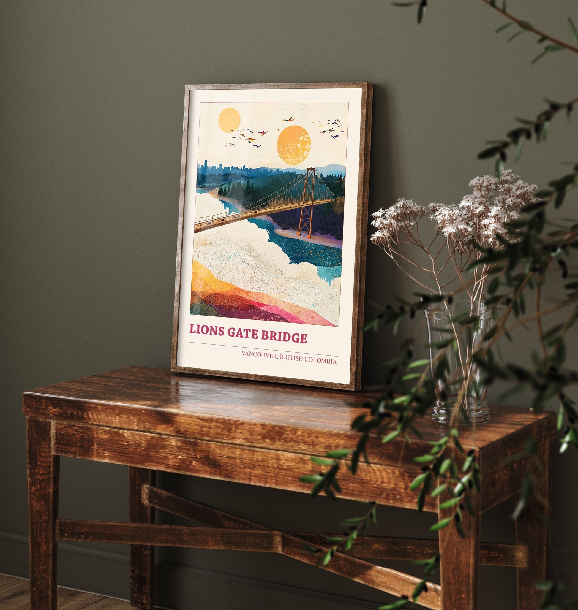 Vancouver Lions Gate Bridge Travel Poster - Canada Art Print - Geometric Landscape Illustration - British Columbia 1/3