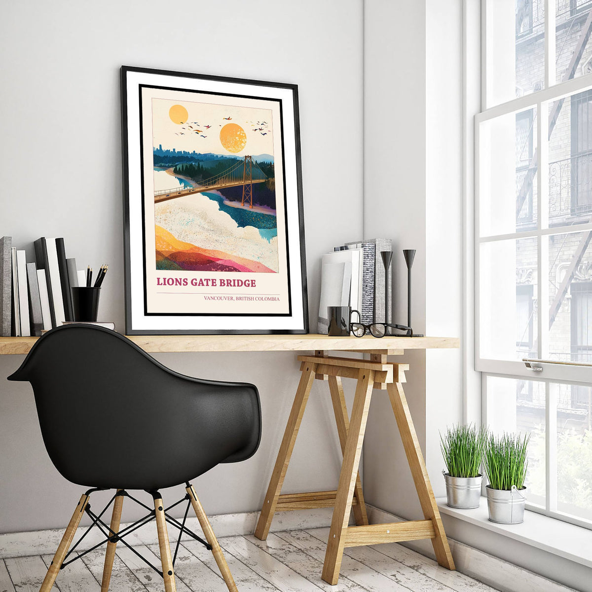 Vancouver Lions Gate Bridge Travel Poster - Canada Art Print - Geometric Landscape Illustration - British Columbia 1/3