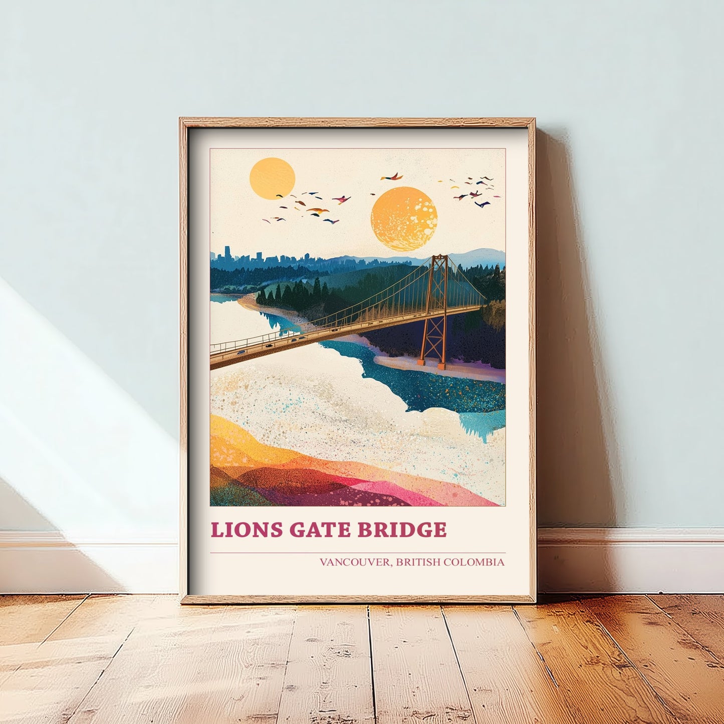 Vancouver Lions Gate Bridge Travel Poster - Canada Art Print - Geometric Landscape Illustration - British Columbia 1/3