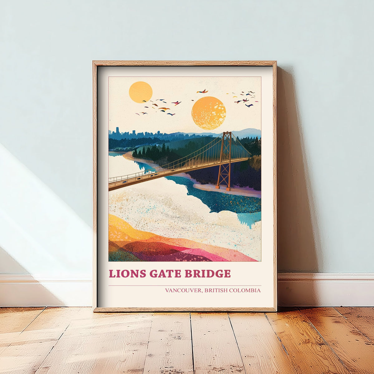 Vancouver Lions Gate Bridge Travel Poster - Canada Art Print - Geometric Landscape Illustration - British Columbia 1/3