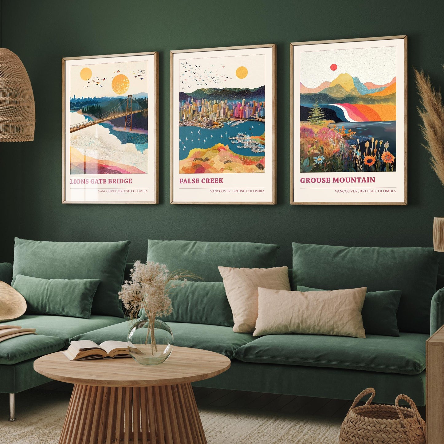 Vancouver Canada Set of Three Art Prints | Lions Gate Bridge False Creek Grouse Mountain | Sprinkle Map Poster Illustration