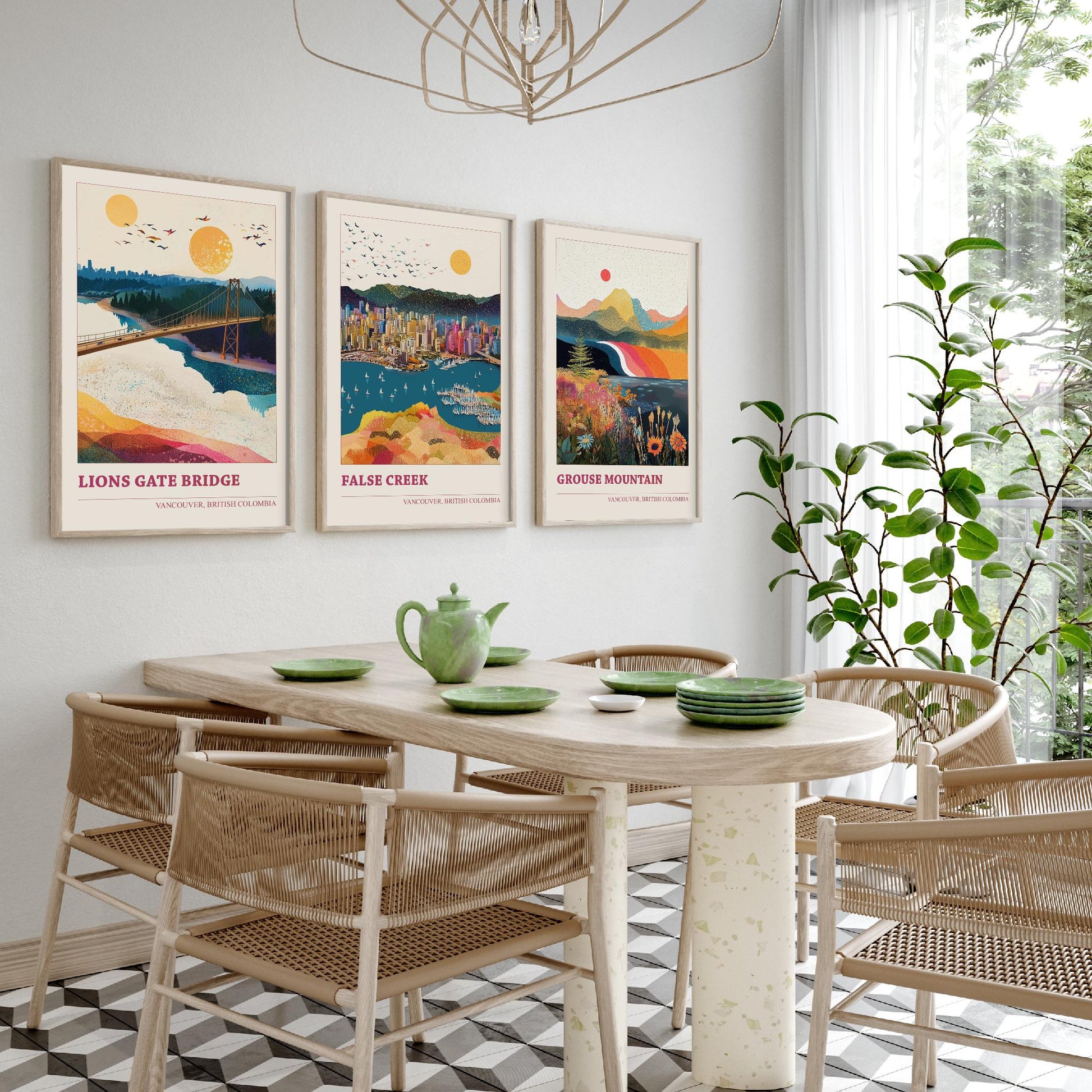 Vancouver Canada Set of Three Art Prints | Lions Gate Bridge False Creek Grouse Mountain | Sprinkle Map Poster Illustration