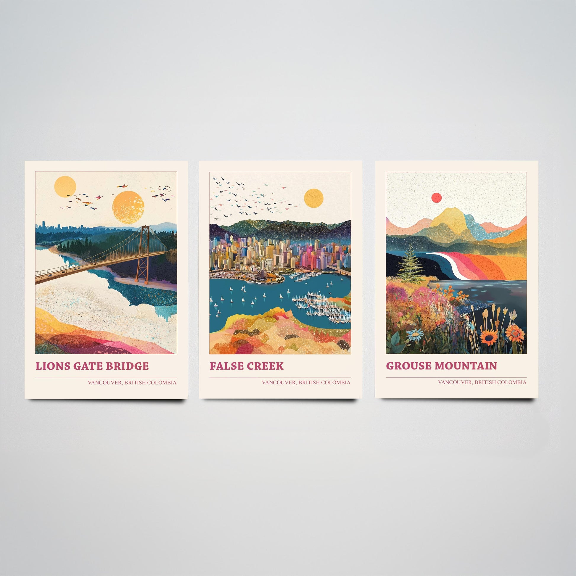 Vancouver Canada Set of Three Art Prints | Lions Gate Bridge False Creek Grouse Mountain | Sprinkle Map Poster Illustration