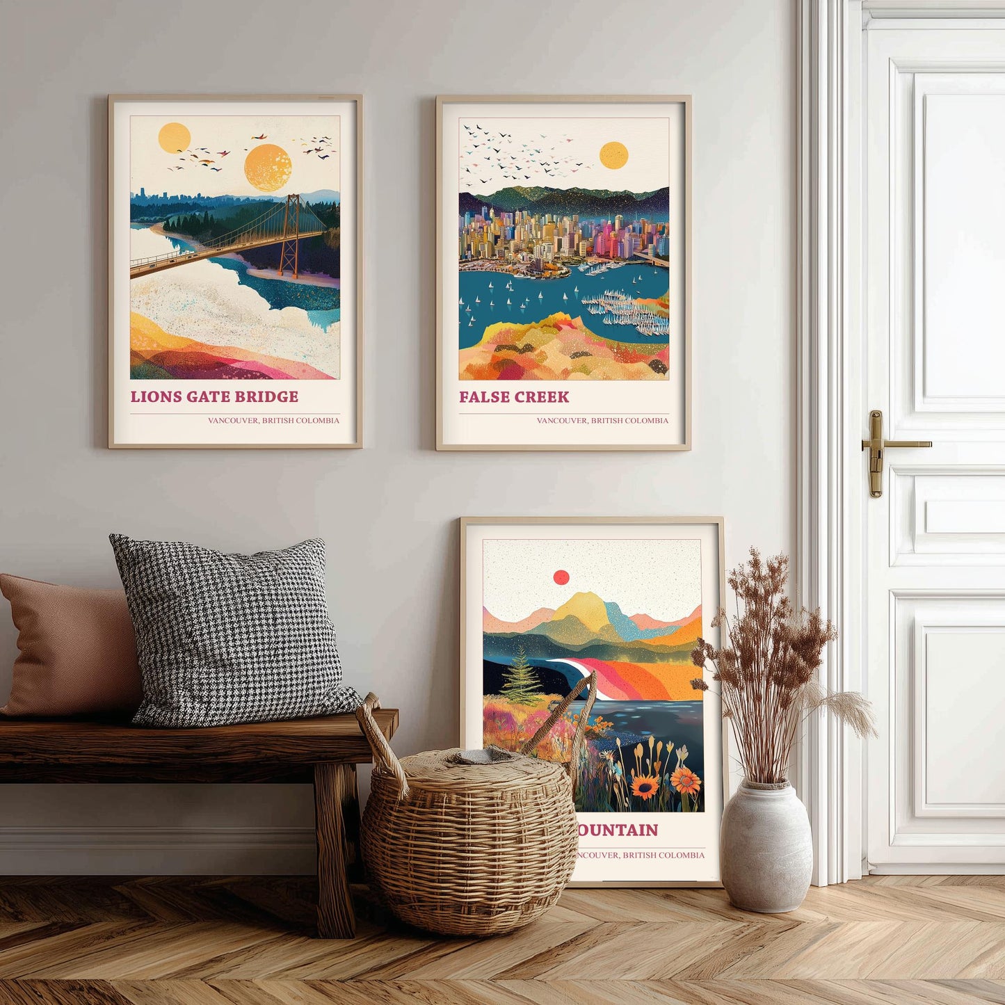 Vancouver Canada Set of Three Art Prints | Lions Gate Bridge False Creek Grouse Mountain | Sprinkle Map Poster Illustration