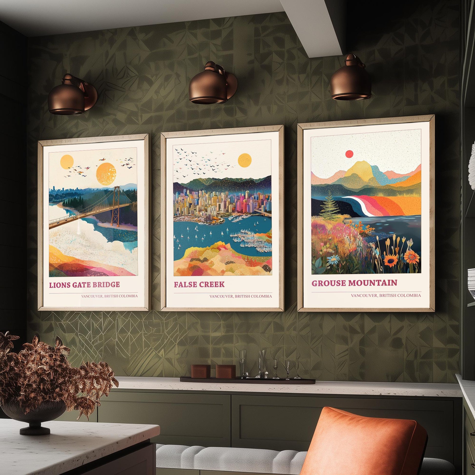 Vancouver Canada Set of Three Art Prints | Lions Gate Bridge False Creek Grouse Mountain | Sprinkle Map Poster Illustration