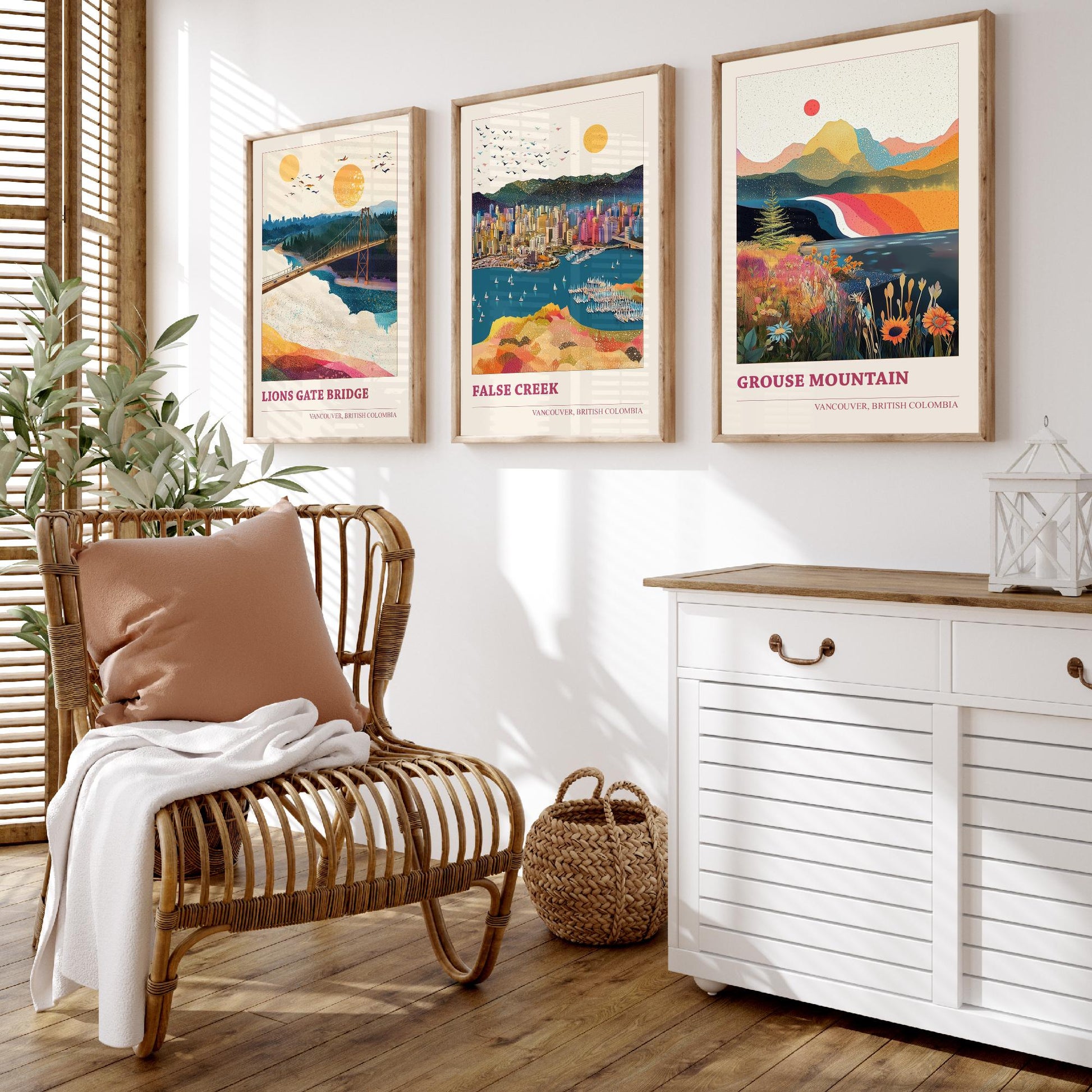 Vancouver Canada Set of Three Art Prints | Lions Gate Bridge False Creek Grouse Mountain | Sprinkle Map Poster Illustration