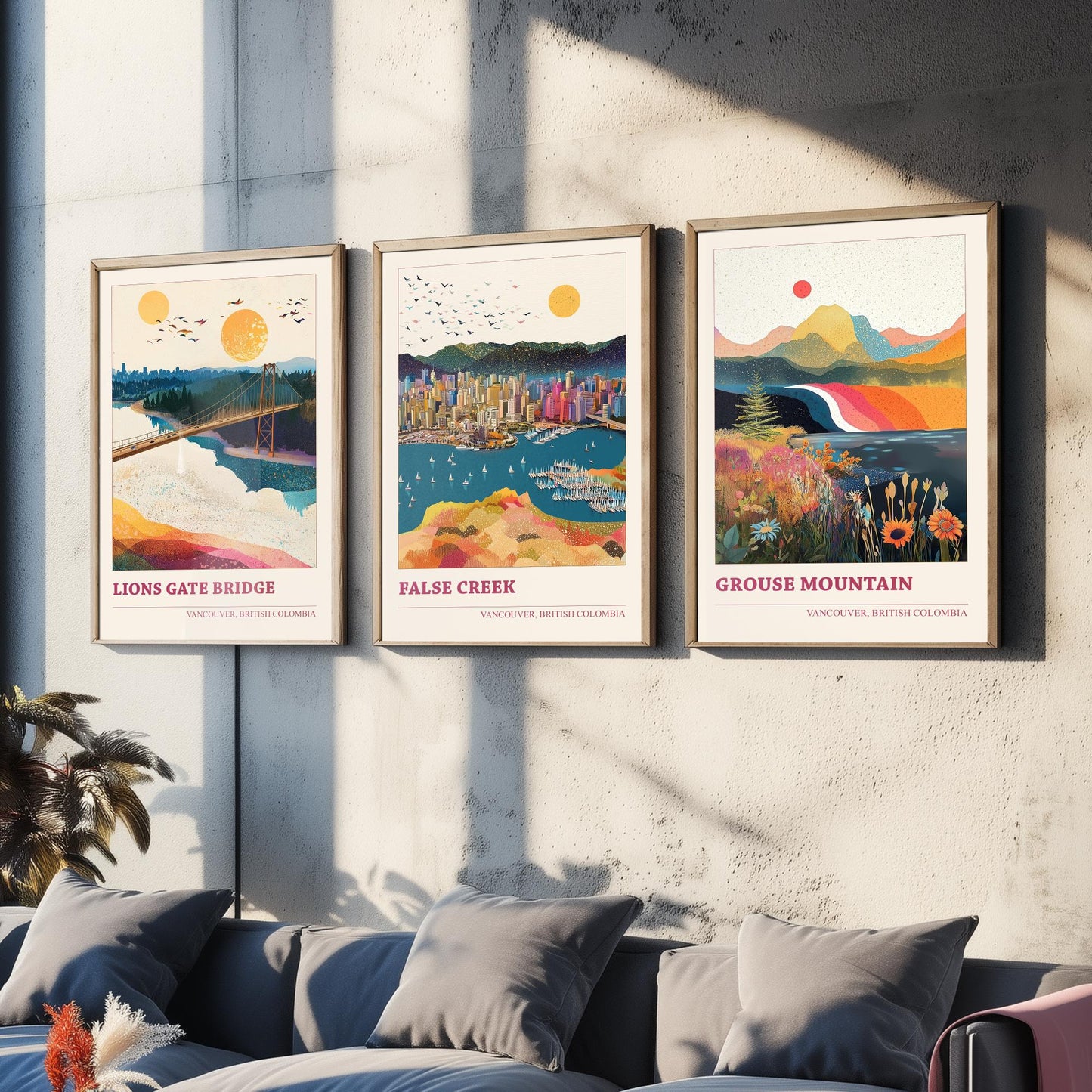 Vancouver Canada Set of Three Art Prints | Lions Gate Bridge False Creek Grouse Mountain | Sprinkle Map Poster Illustration