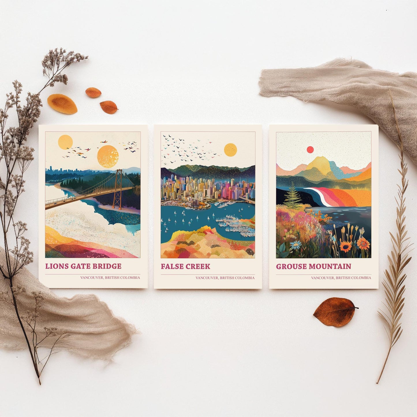 Vancouver Canada Set of Three Art Prints | Lions Gate Bridge False Creek Grouse Mountain | Sprinkle Map Poster Illustration