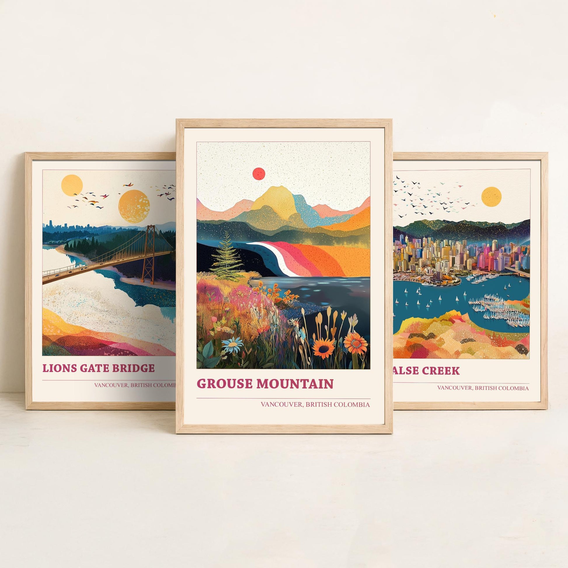 Vancouver Canada Set of Three Art Prints | Lions Gate Bridge False Creek Grouse Mountain | Sprinkle Map Poster Illustration