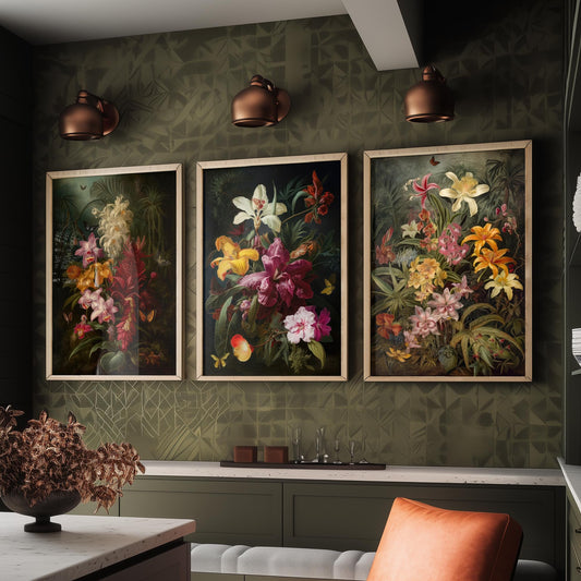 Dark Tropical Flowers Set of Three Art Prints - Orchids, Lilies, Butterflies - Moody Botanical Oil Painting Style Poster