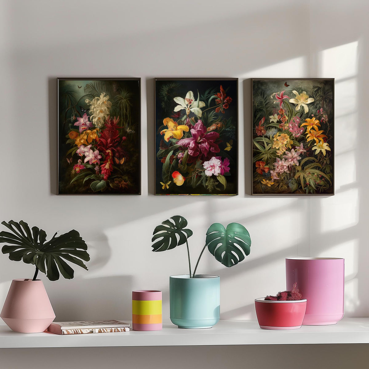 Dark Tropical Flowers Set of Three Art Prints - Orchids, Lilies, Butterflies - Moody Botanical Oil Painting Style Poster
