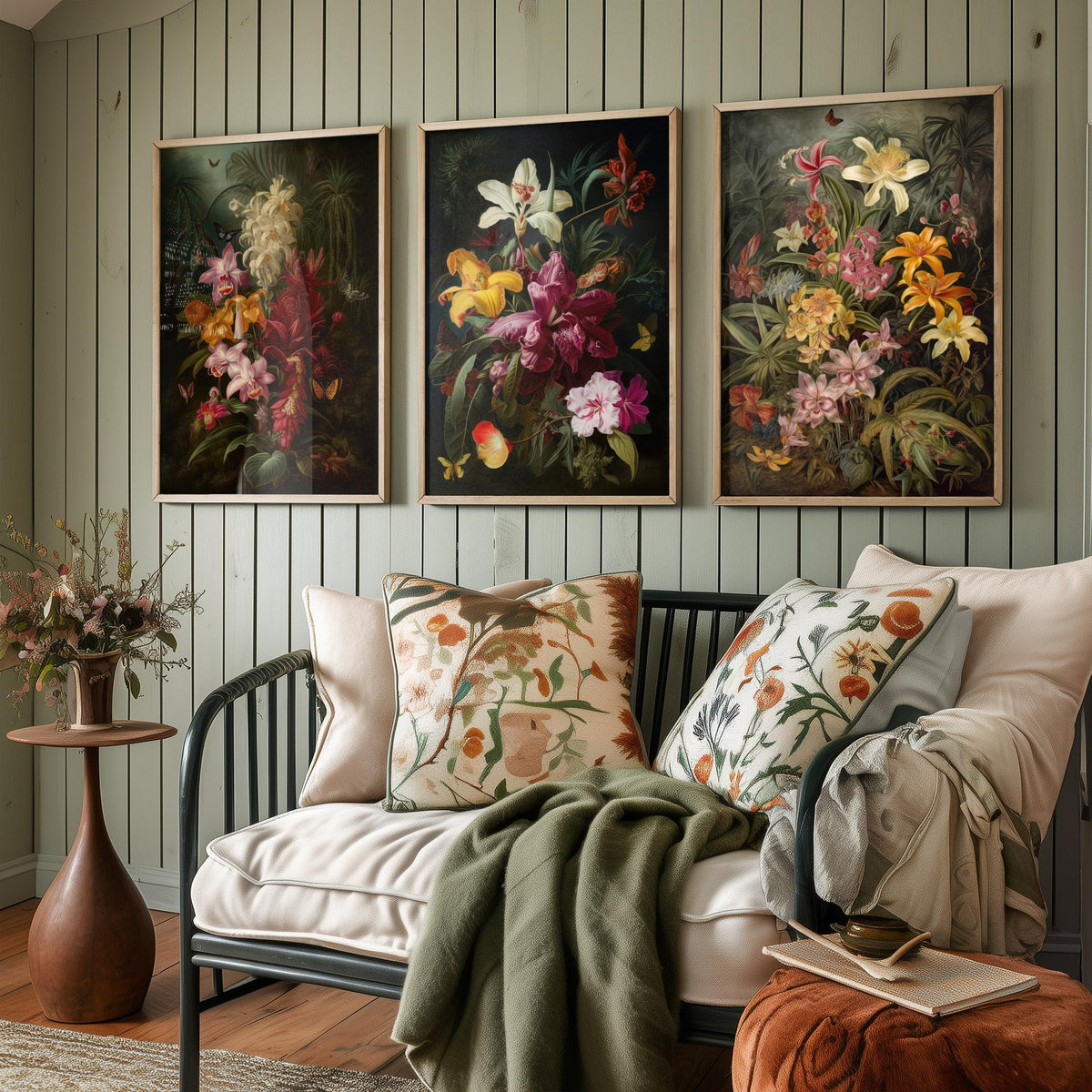 Dark Tropical Flowers Set of Three Art Prints - Orchids, Lilies, Butterflies - Moody Botanical Oil Painting Style Poster