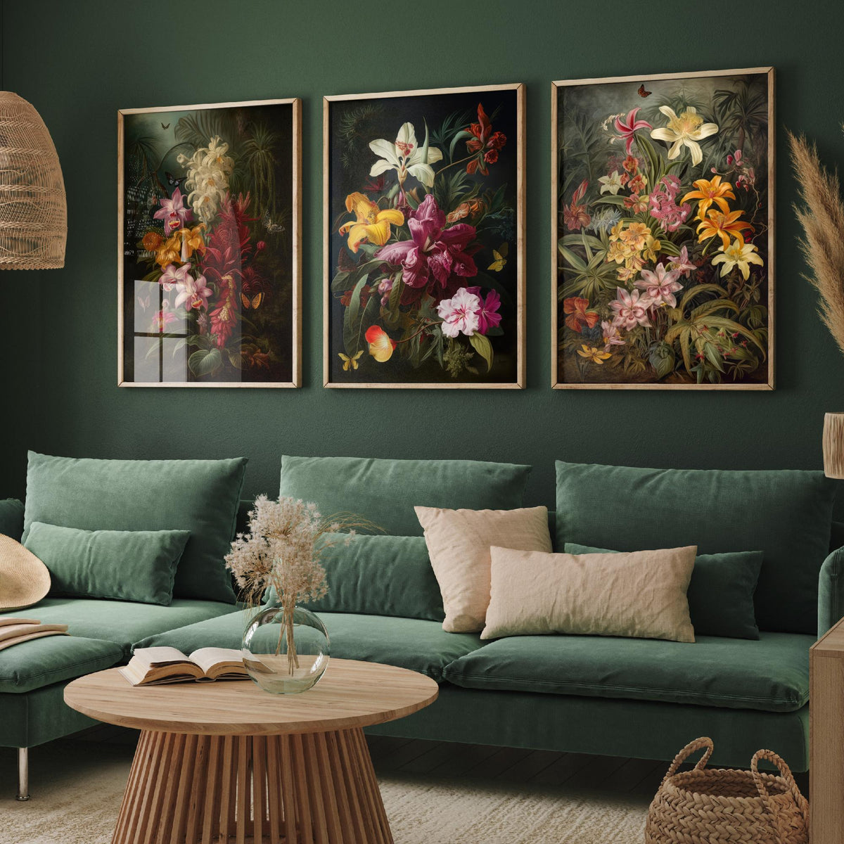 Dark Tropical Flowers Set of Three Art Prints - Orchids, Lilies, Butterflies - Moody Botanical Oil Painting Style Poster