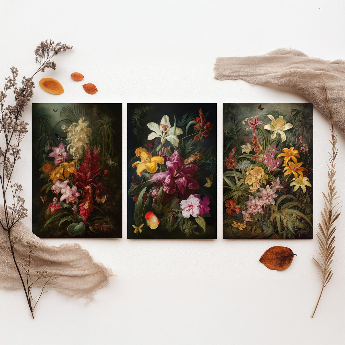Dark Tropical Flowers Set of Three Art Prints - Orchids, Lilies, Butterflies - Moody Botanical Oil Painting Style Poster