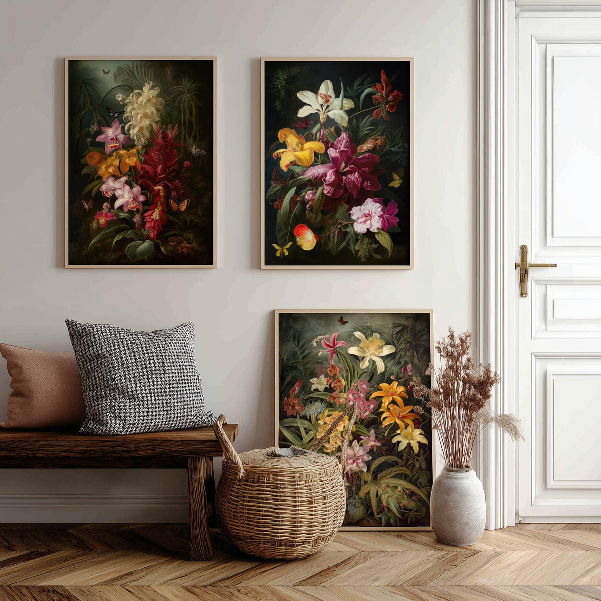 Dark Tropical Flowers Set of Three Art Prints - Orchids, Lilies, Butterflies - Moody Botanical Oil Painting Style Poster