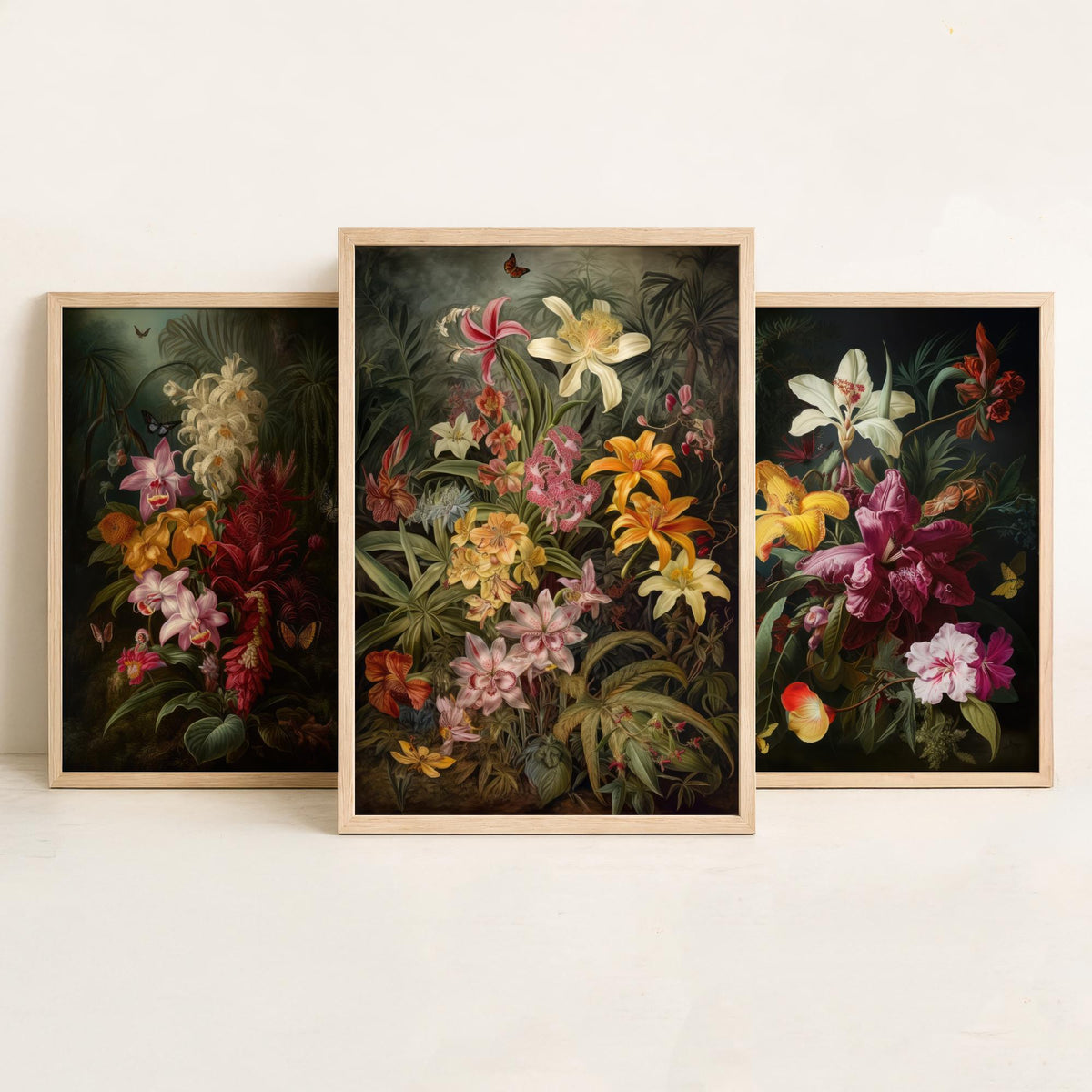 Dark Tropical Flowers Set of Three Art Prints - Orchids, Lilies, Butterflies - Moody Botanical Oil Painting Style Poster