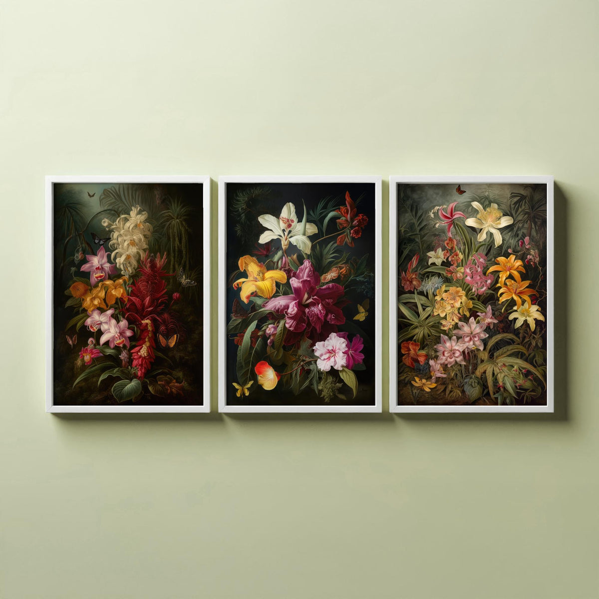Dark Tropical Flowers Set of Three Art Prints - Orchids, Lilies, Butterflies - Moody Botanical Oil Painting Style Poster