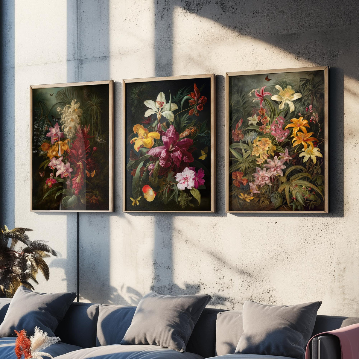 Dark Tropical Flowers Set of Three Art Prints - Orchids, Lilies, Butterflies - Moody Botanical Oil Painting Style Poster