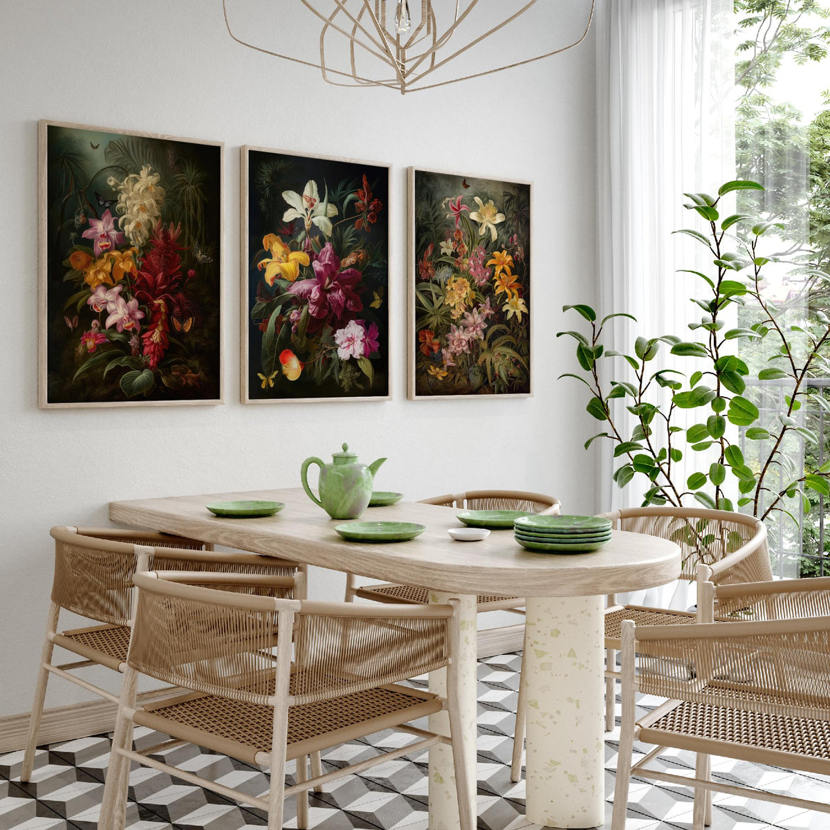 Dark Tropical Flowers Set of Three Art Prints - Orchids, Lilies, Butterflies - Moody Botanical Oil Painting Style Poster