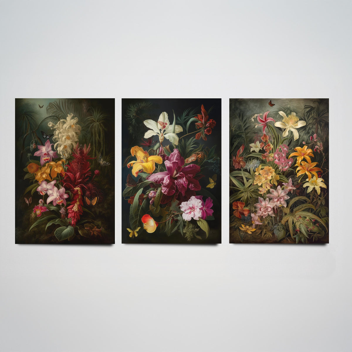 Dark Tropical Flowers Set of Three Art Prints - Orchids, Lilies, Butterflies - Moody Botanical Oil Painting Style Poster