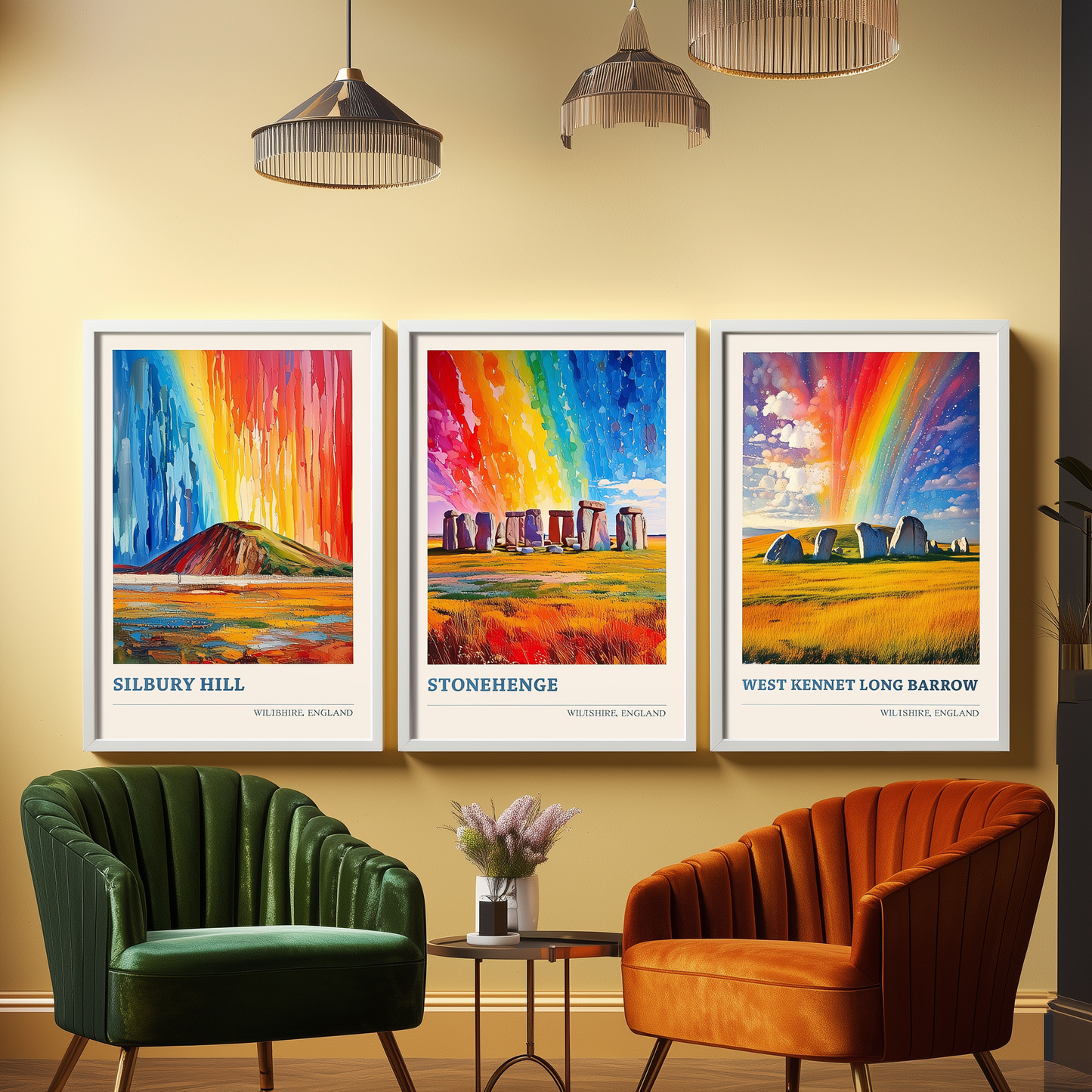 Set of Three Wiltshire Posters - Silbury Hill, Stonehenge & West Kennet Long Barrow - Art Print Painting Photo Gift Visit England Monument