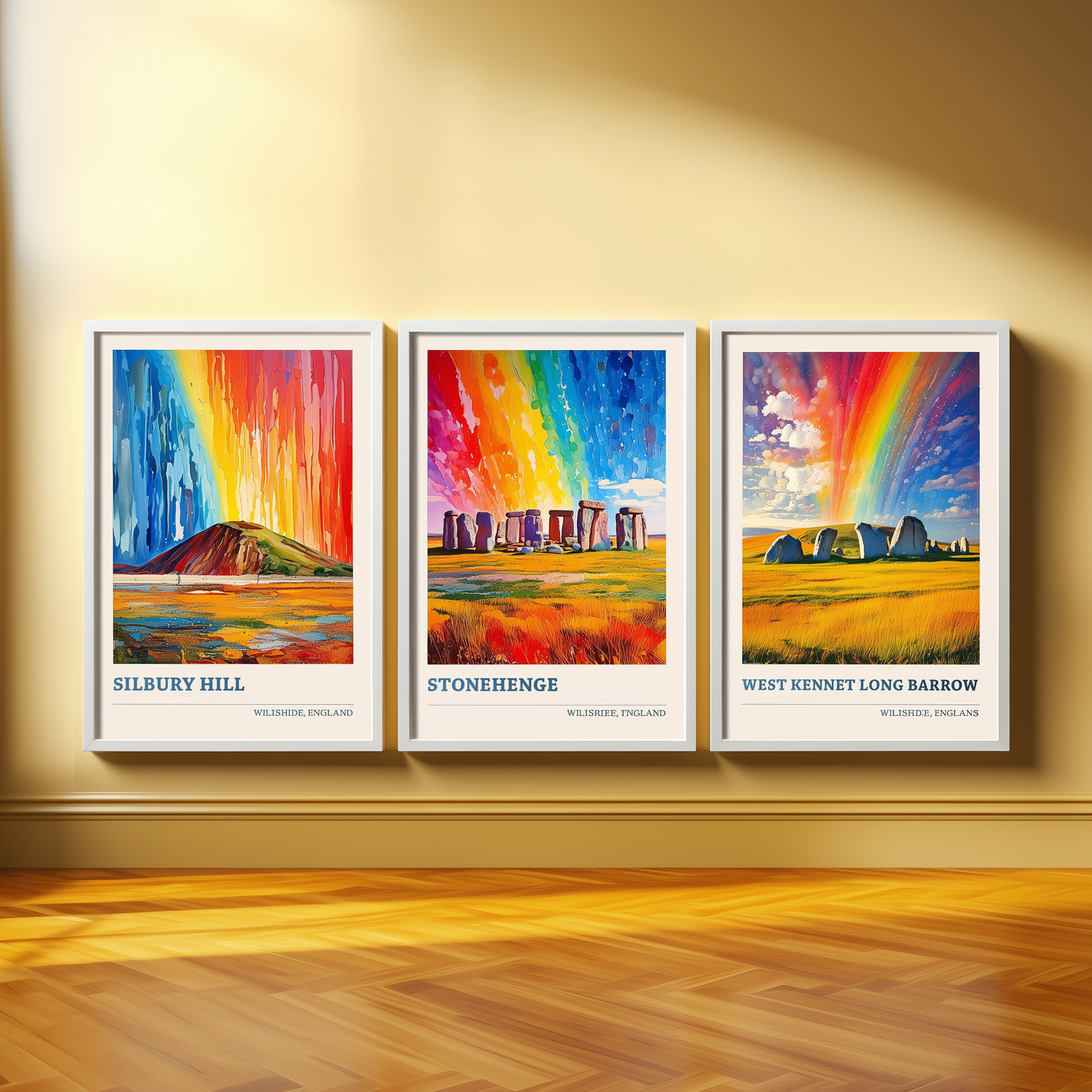 Set of Three Wiltshire Posters - Silbury Hill, Stonehenge & West Kennet Long Barrow - Art Print Painting Photo Gift Visit England Monument