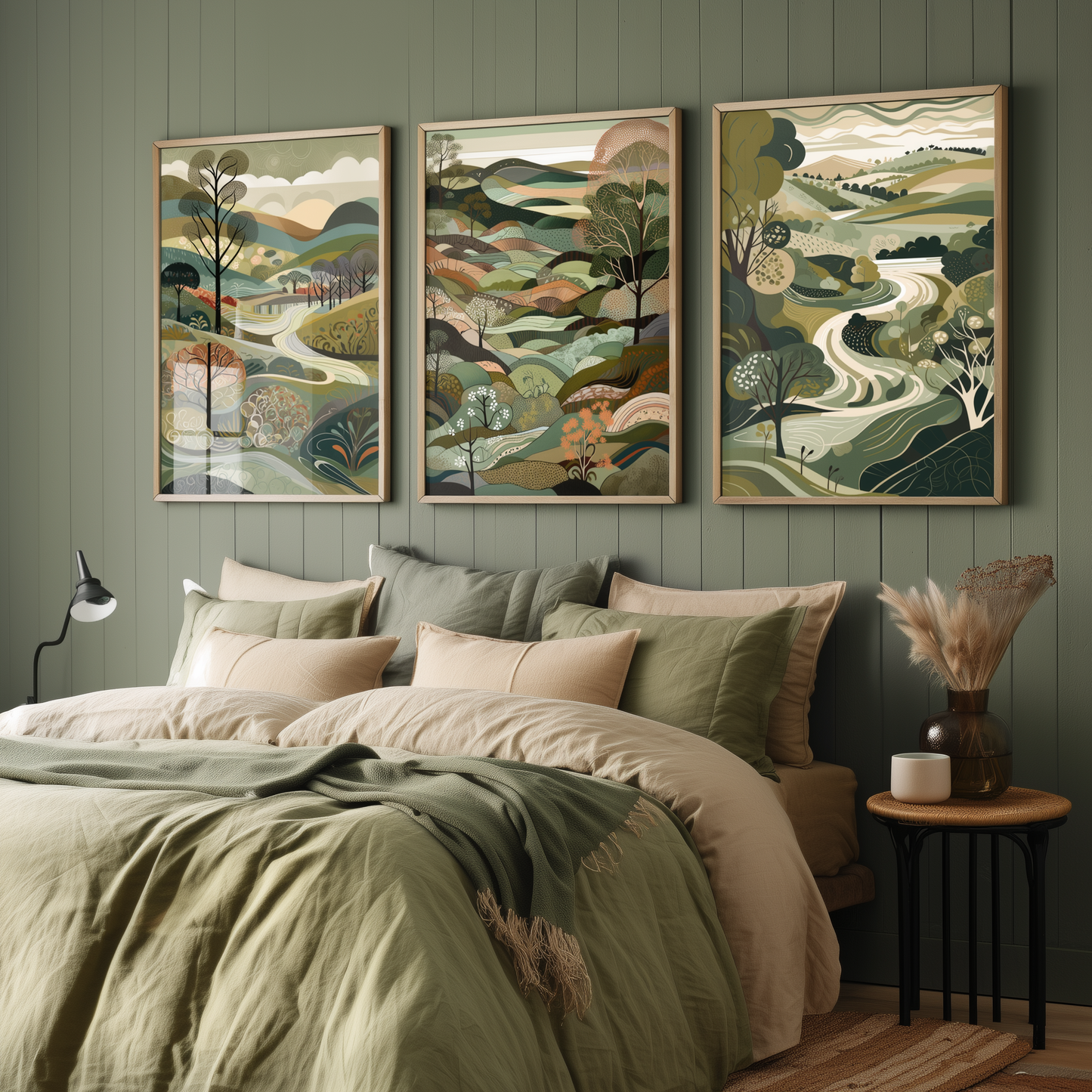 Landscape Illustrations in Olive Green - Set of Three Abstract Art Prints - South Downs Poster