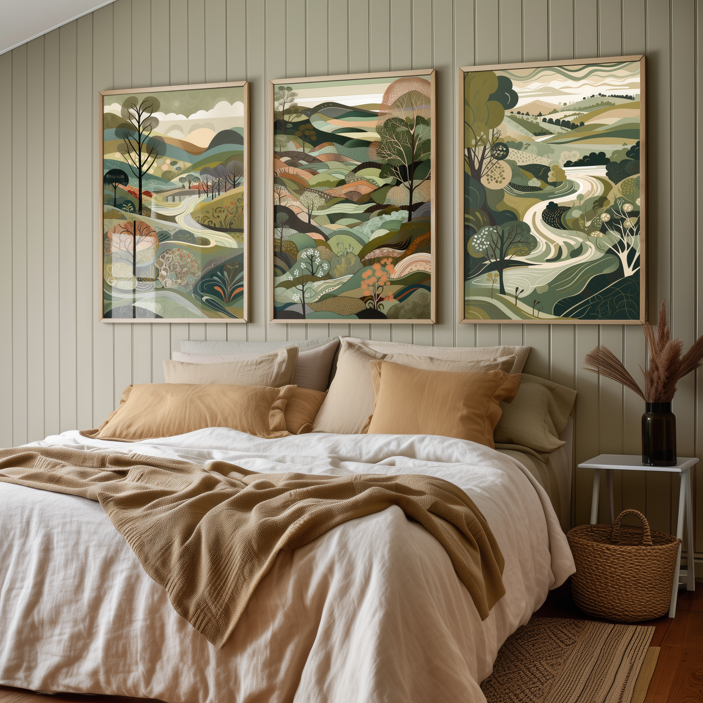 Landscape Illustrations in Olive Green - Set of Three Abstract Art Prints - South Downs Poster