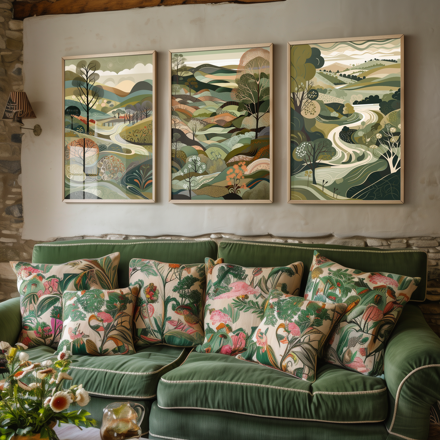 Landscape Illustrations in Olive Green - Set of Three Abstract Art Prints - South Downs Poster