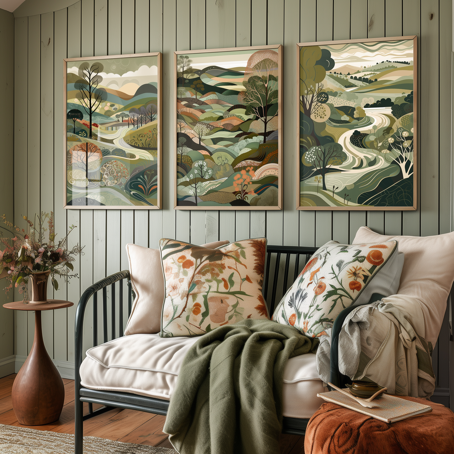 Landscape Illustrations in Olive Green - Set of Three Abstract Art Prints - South Downs Poster