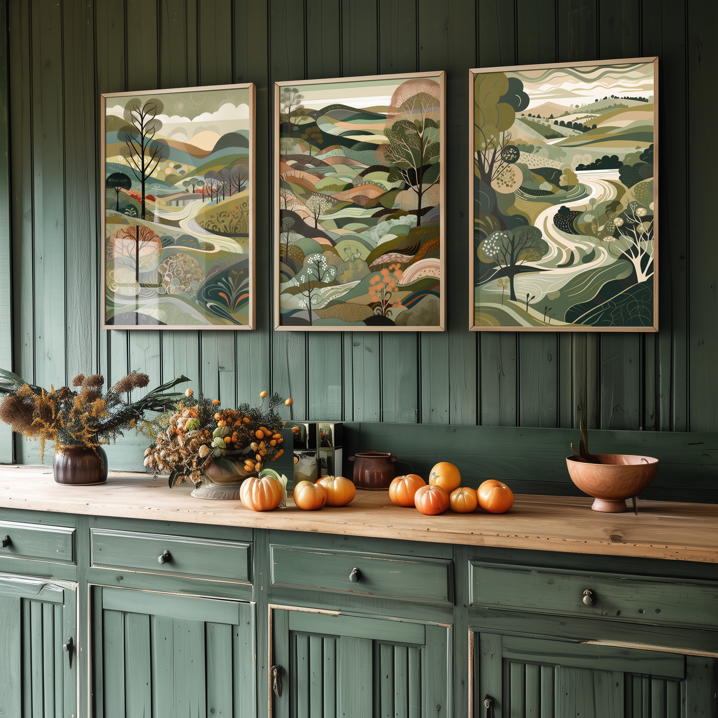 Landscape Illustrations in Olive Green - Set of Three Abstract Art Prints - South Downs Poster