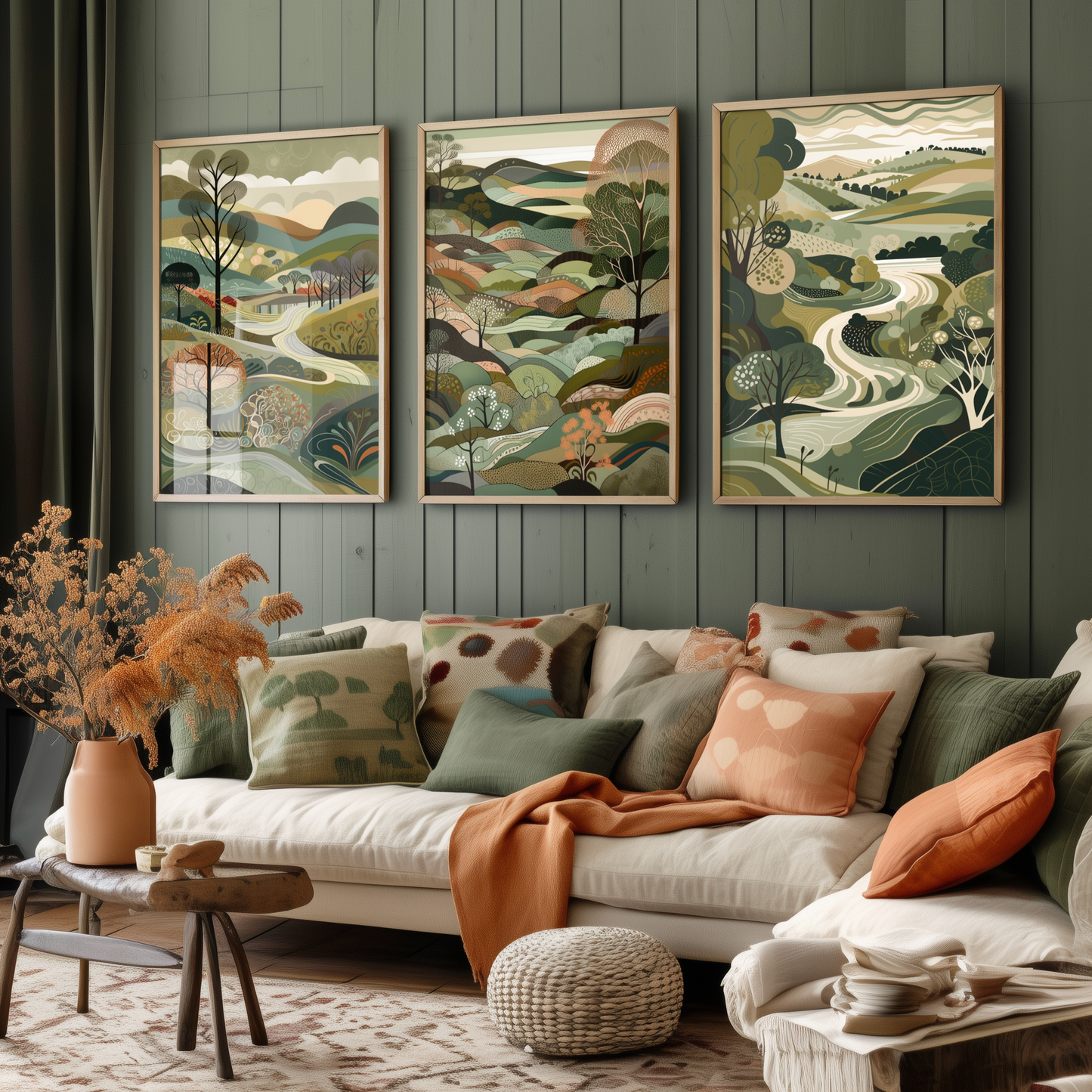 Landscape Illustrations in Olive Green - Set of Three Abstract Art Prints - South Downs Poster