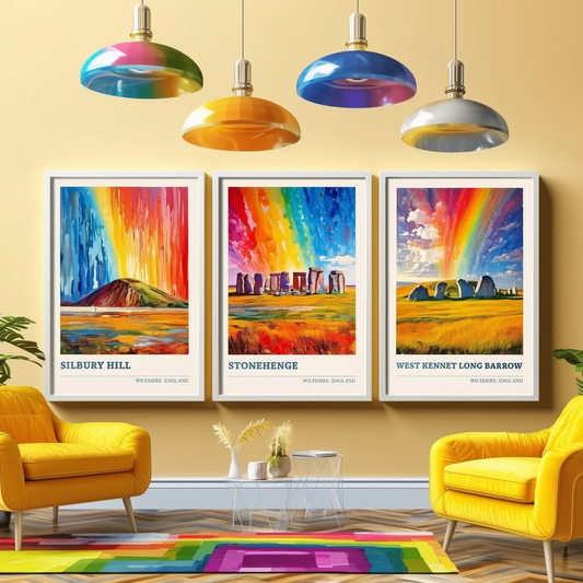 Set of Three Wiltshire Posters - Silbury Hill, Stonehenge & West Kennet Long Barrow - Art Print Painting Photo Gift Visit England Monument
