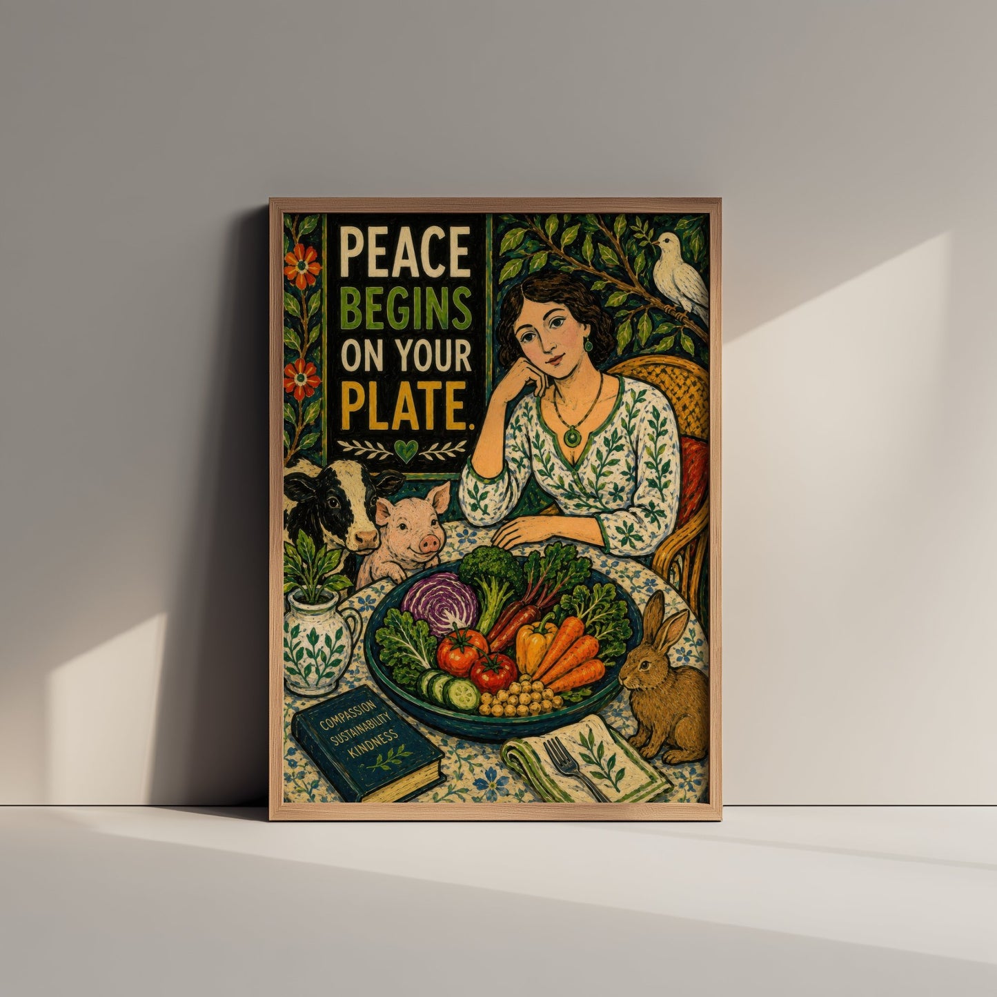 Peace Begins on Your Plate Art Print - Folk Art Vegan Quote Poster - Compassion Illustration Wall Art 1/3