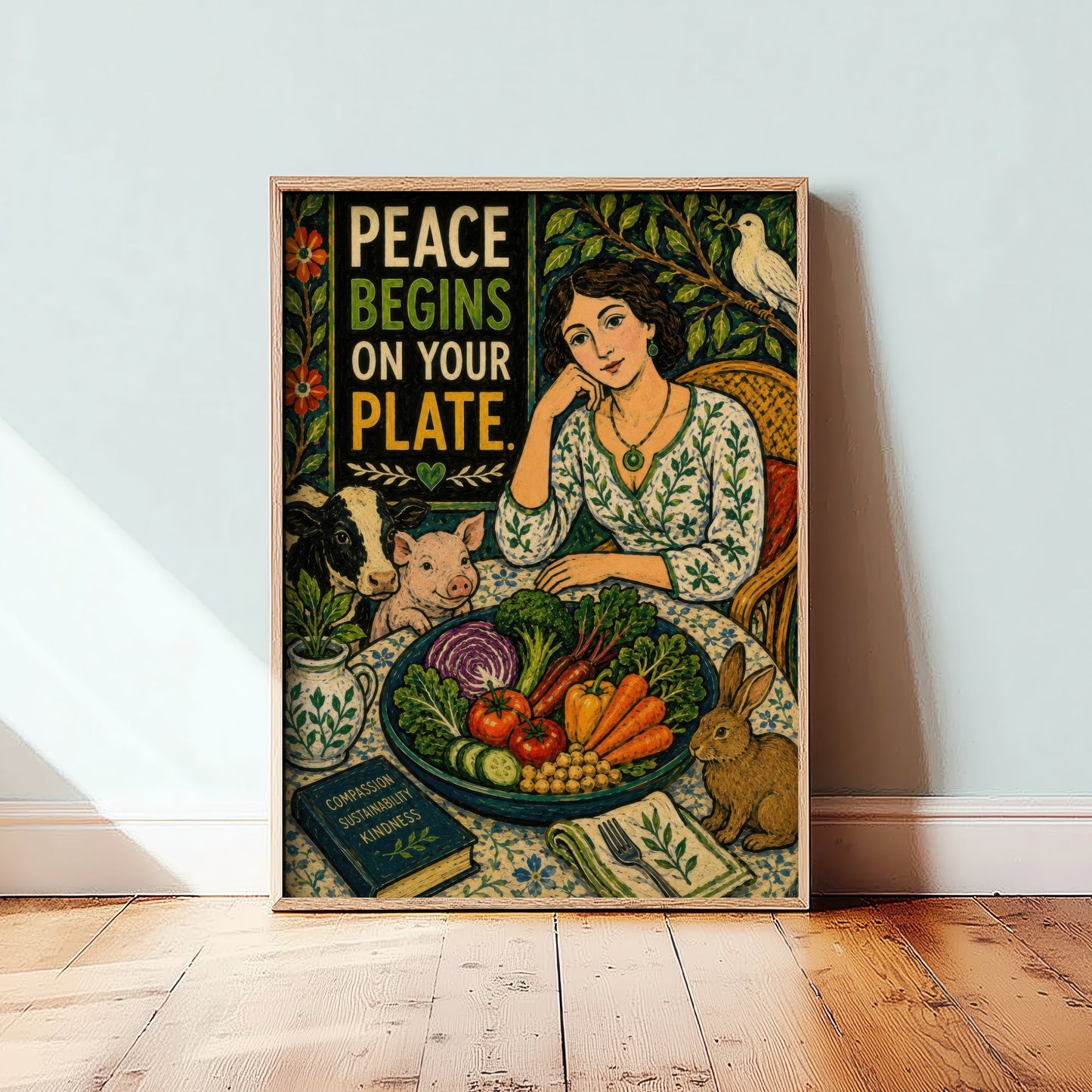 Peace Begins on Your Plate Art Print - Folk Art Vegan Quote Poster - Compassion Illustration Wall Art 1/3