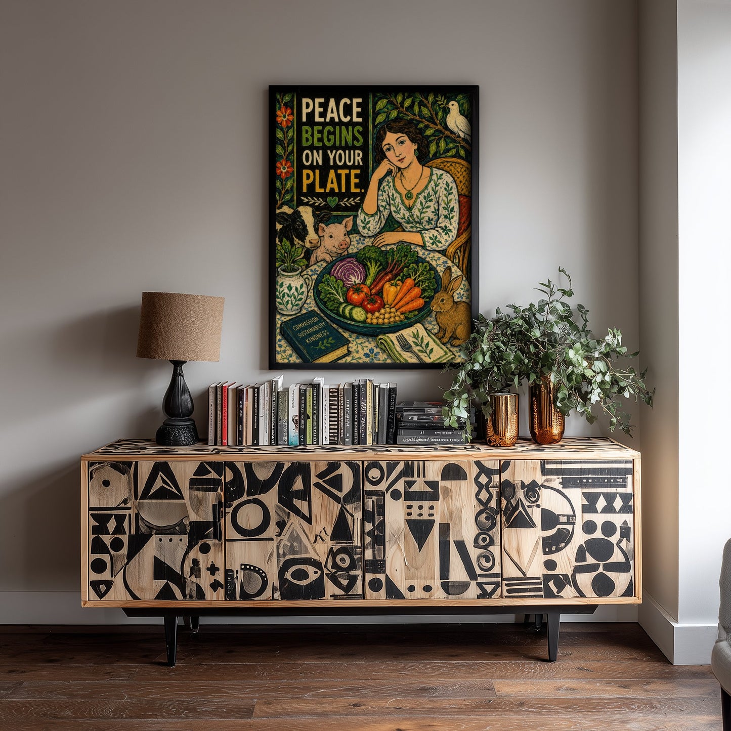 Peace Begins on Your Plate Art Print - Folk Art Vegan Quote Poster - Compassion Illustration Wall Art 1/3