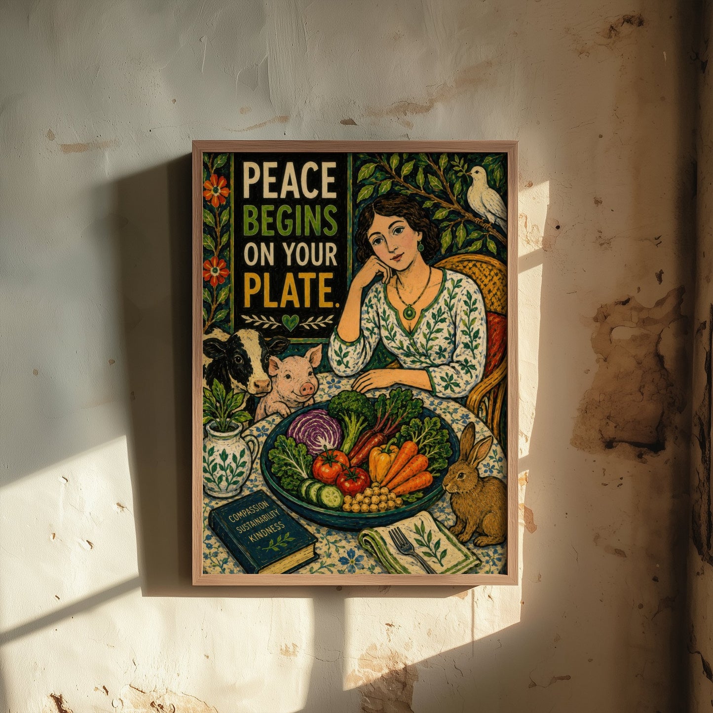 Peace Begins on Your Plate Art Print - Folk Art Vegan Quote Poster - Compassion Illustration Wall Art 1/3