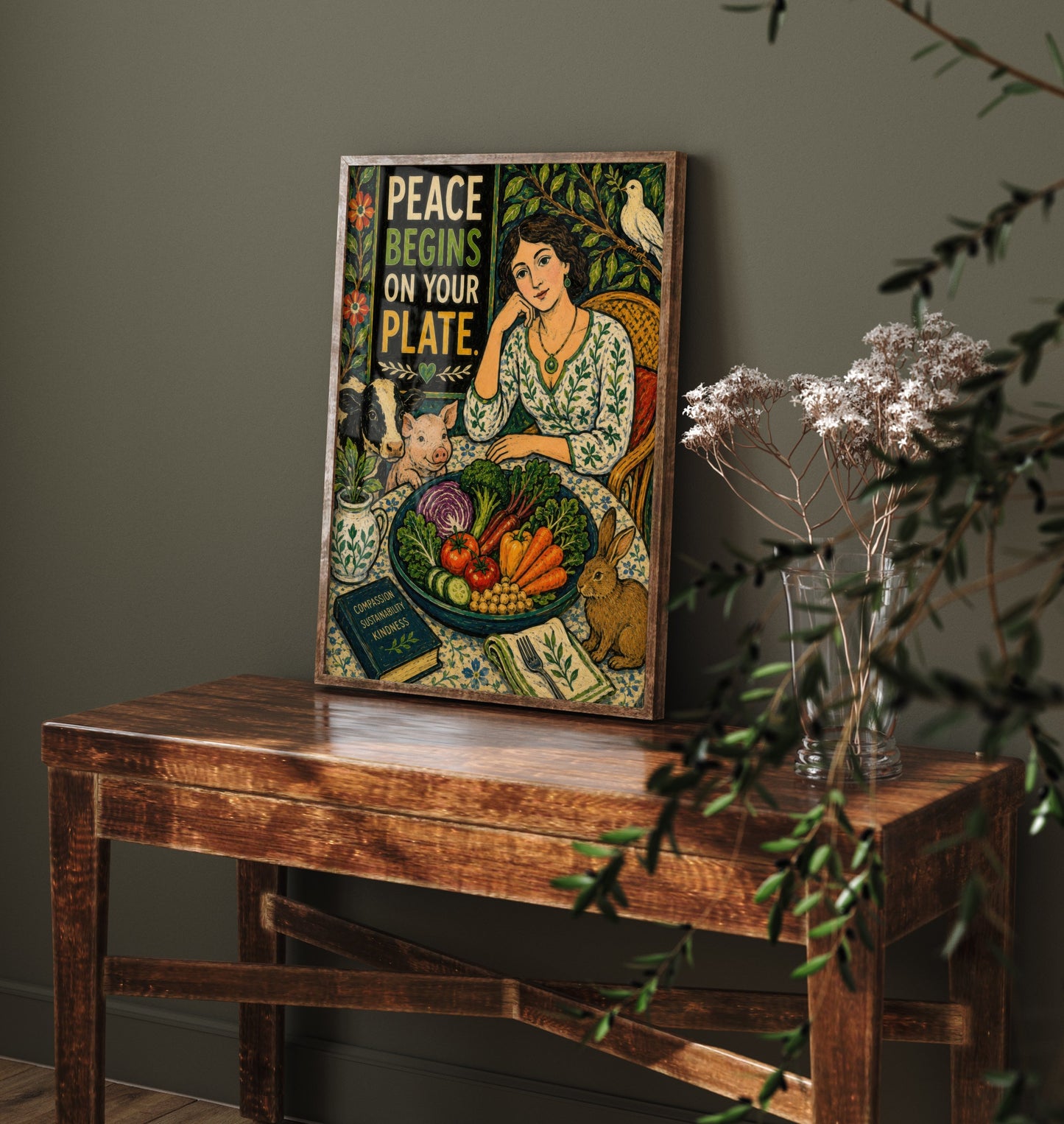 Peace Begins on Your Plate Art Print - Folk Art Vegan Quote Poster - Compassion Illustration Wall Art 1/3